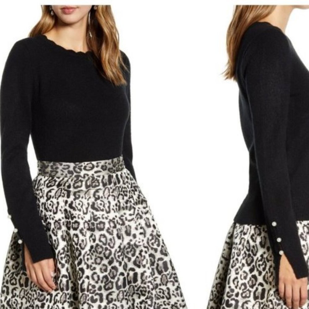 NWT RACHEL PARCELL Black Scallop Crew Neck Sweater w Pearl Cuffs XS